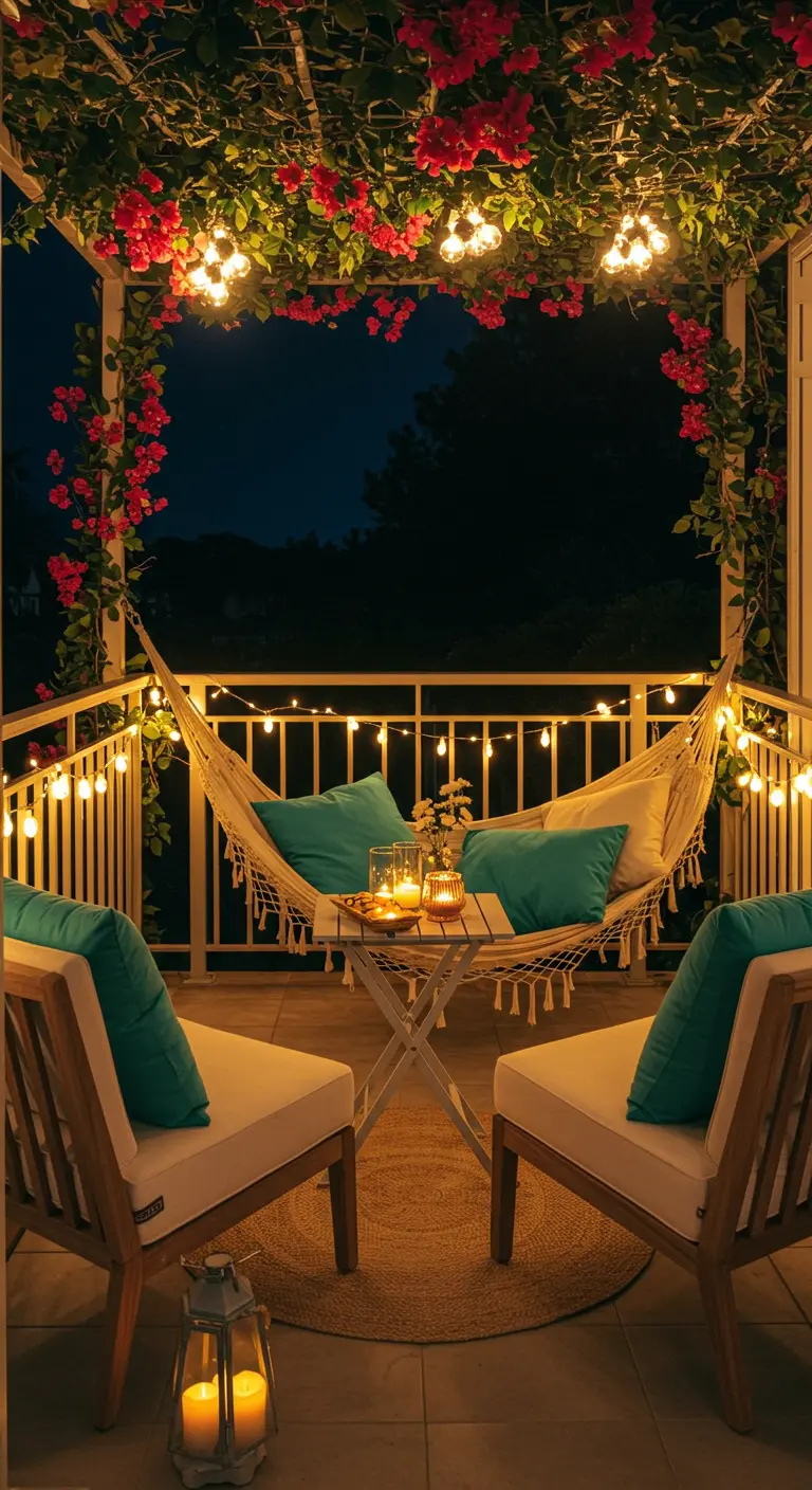 Romantisch verlicht balkon bij nacht, met een hangmat, lichtslingers en klimmende bloemen.