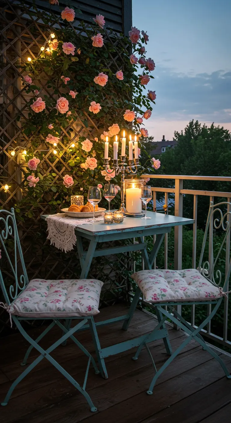 Romantische bistrotafel op een balkon met een muur vol klimrozen en veel kaarslicht.