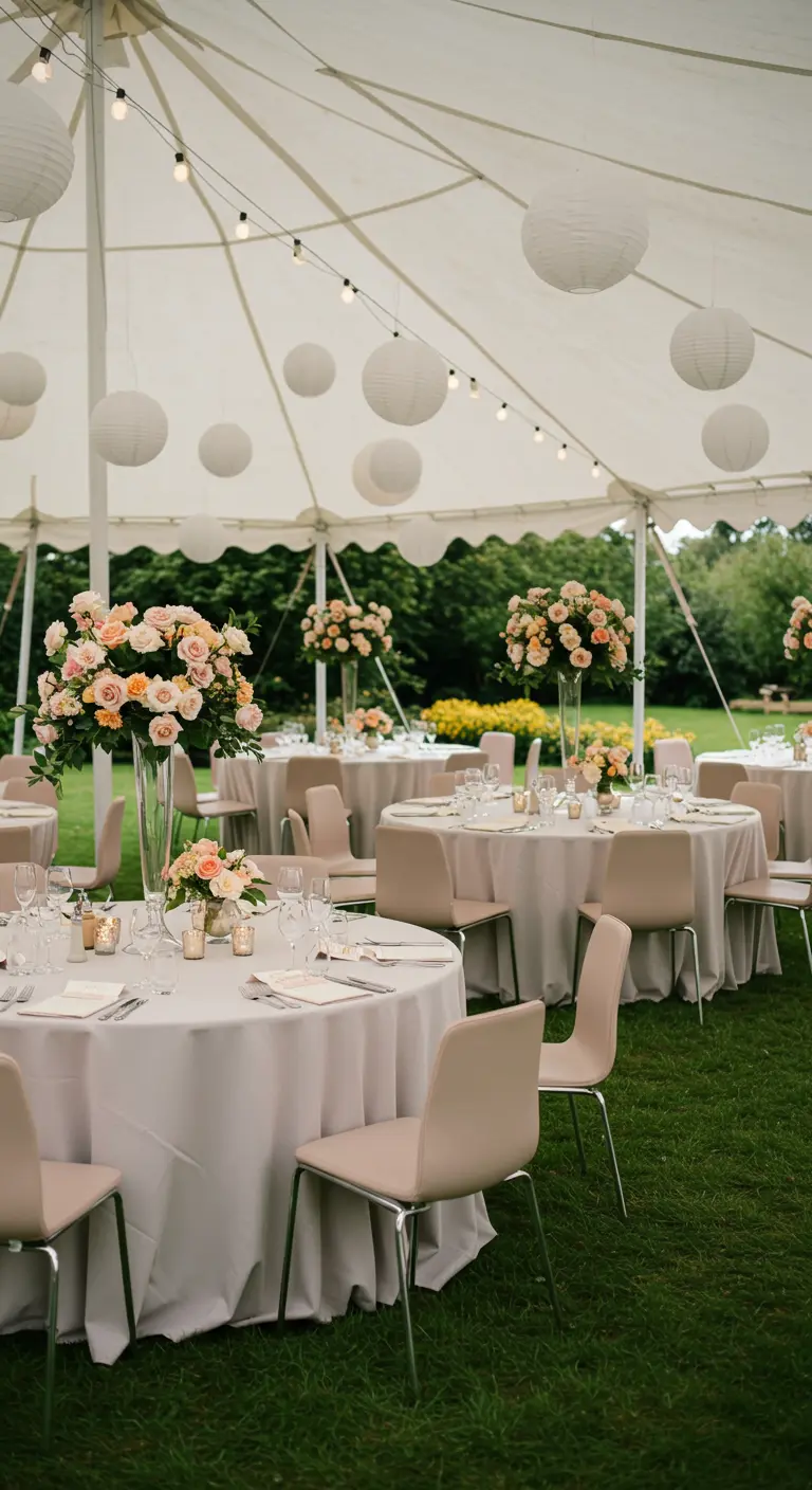 Elegante feesttent met ronde tafels, roze bloemstukken en witte lampionnen in een tuin.