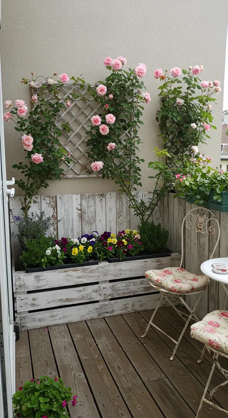 Witgeschilderde pallet als plantenbak op een klein balkon, met roze rozen.