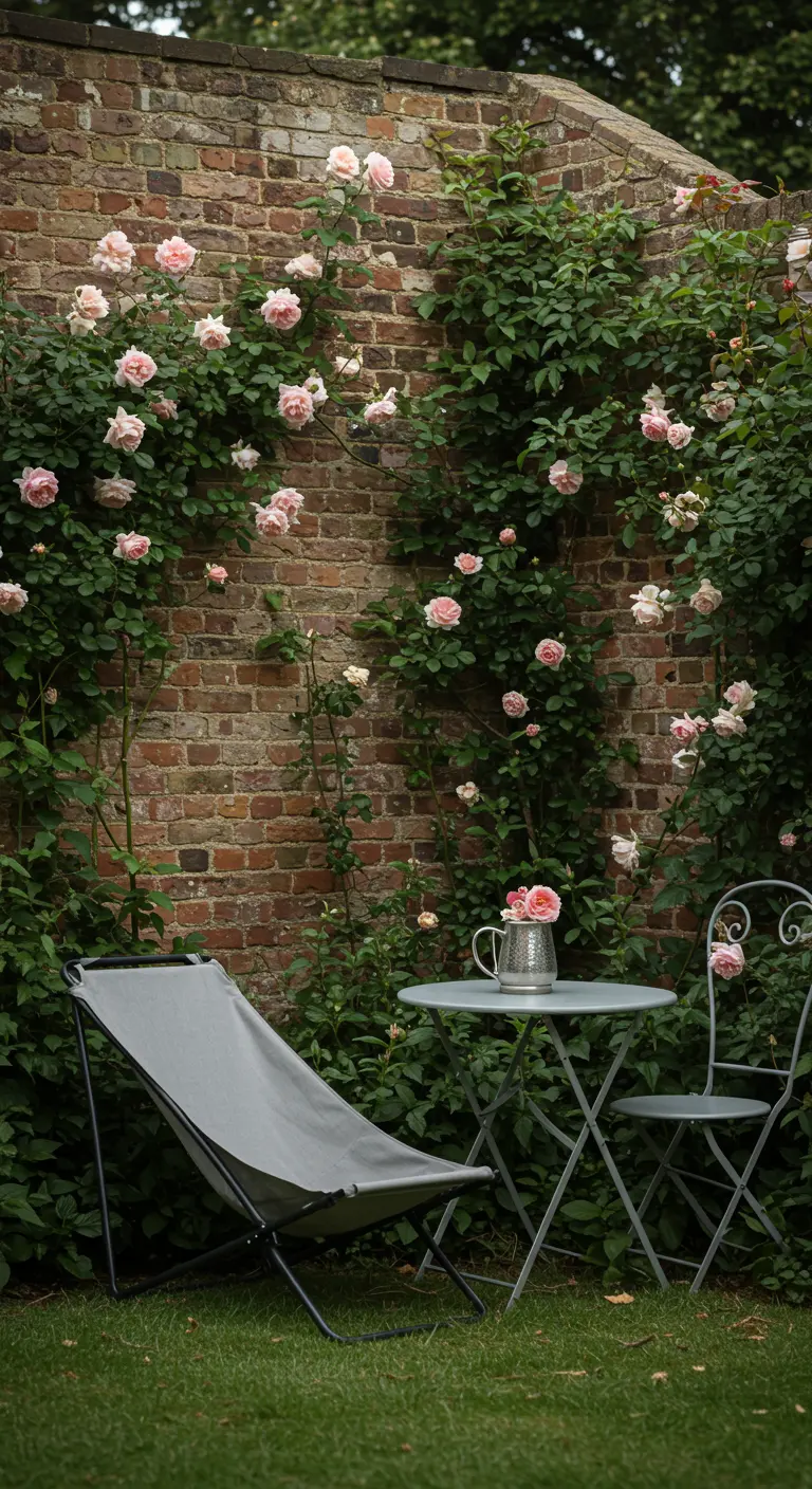 Een romantische tuinsetting met klapstoelen tegen een oude bakstenen muur vol roze rozen.