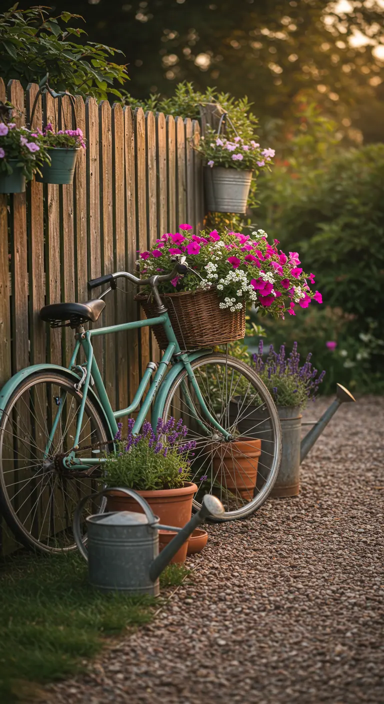 Lichtblauwe vintage fiets met roze en witte bloemen in de mand, leunend tegen een houten schutting.
