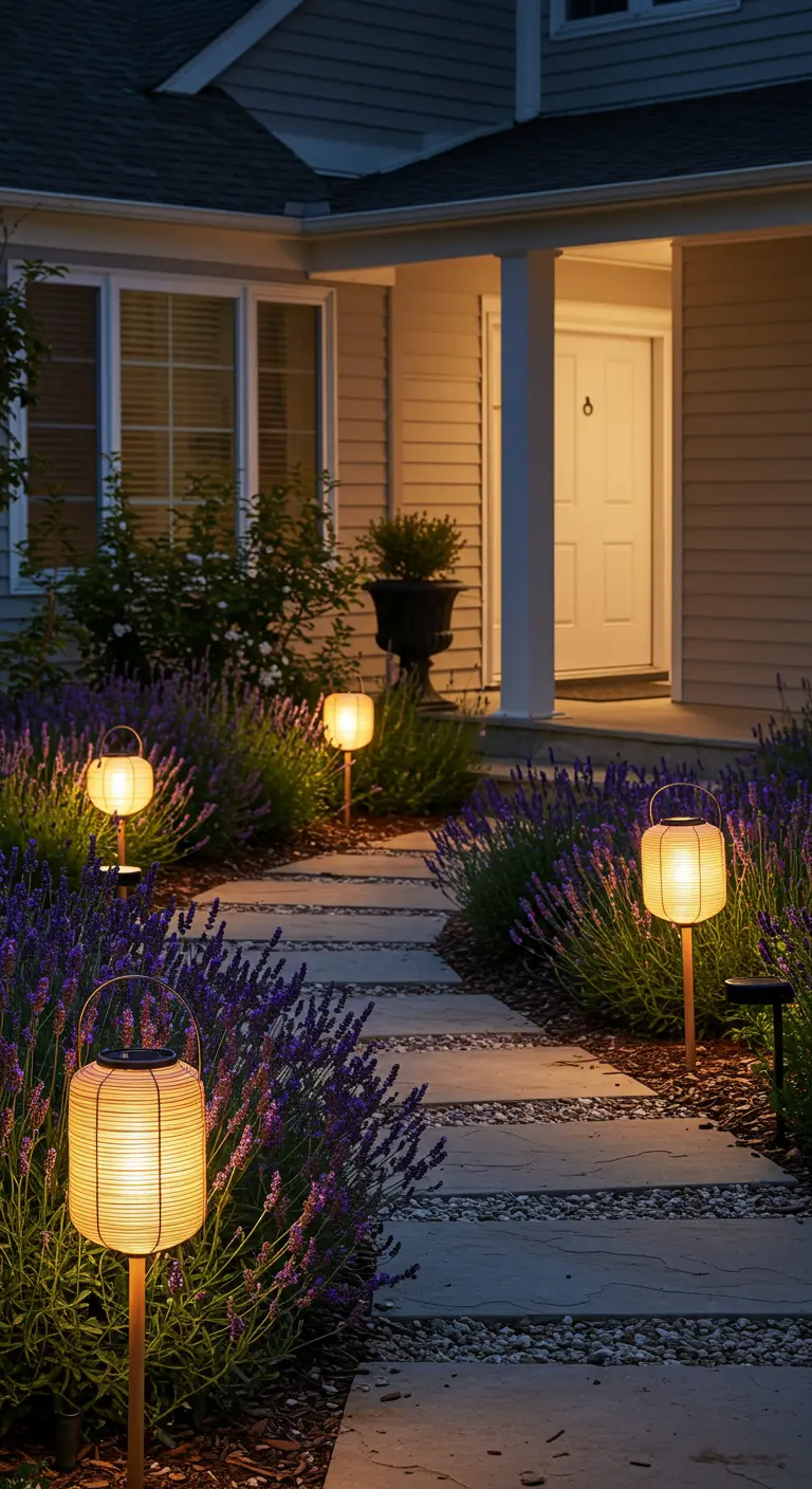 Een tuinpad met stapstenen en lavendel, verlicht door lampionnen op hoge, smalle stokken.
