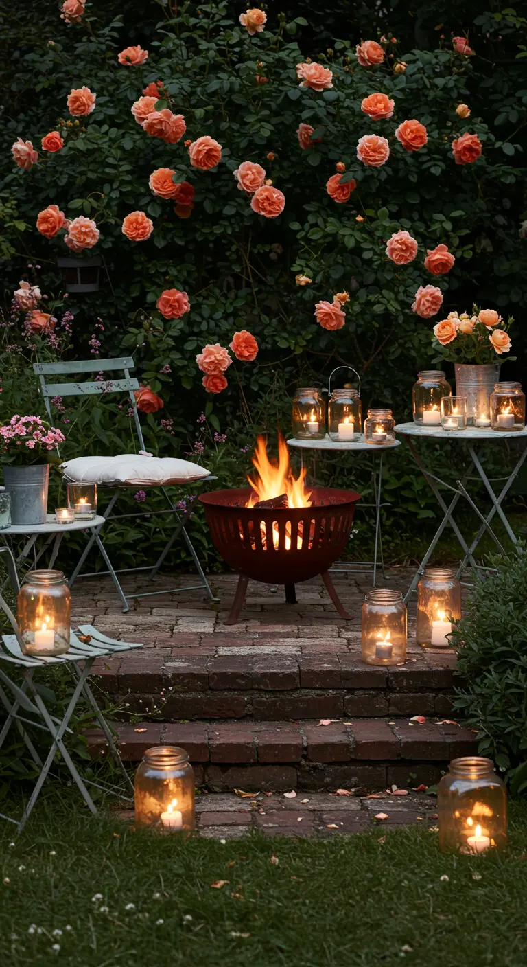 Romantische tuinsetting met vuurkorf, kaarsen in potjes en een bloeiende rozenstruik.