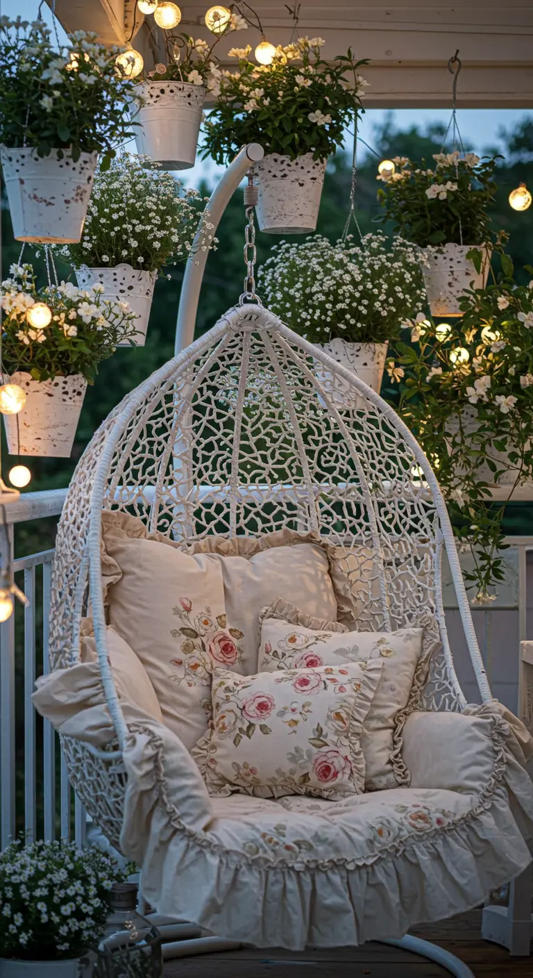 Witte rieten hangstoel vol romantische kussens met rozenprint en ruches, omringd door witte bloemen.