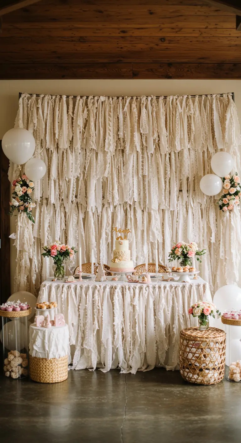 Backdrop gemaakt van repen crèmekleurige en kanten stoffen achter een desserttafel.