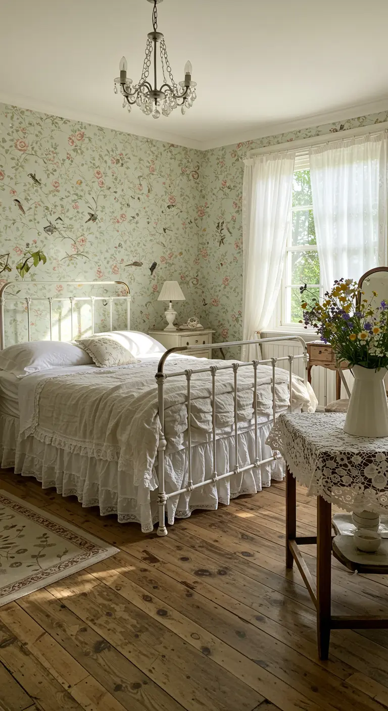 Lichte cottagecore slaapkamer met bloemenbehang, wit smeedijzeren bed en antieke kroonluchter.