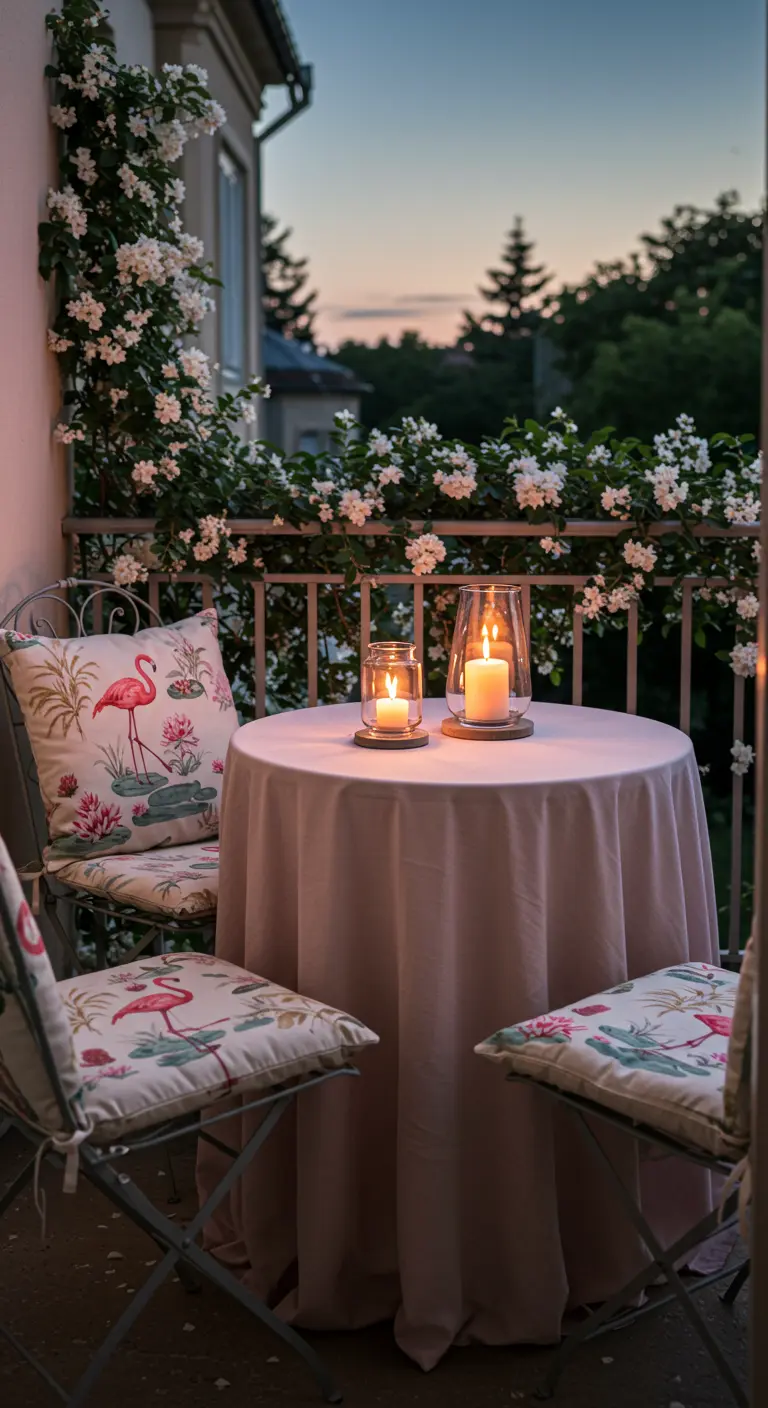 Romantische tafelsetting voor twee op een balkon met roze tafelkleed en kaarslicht.