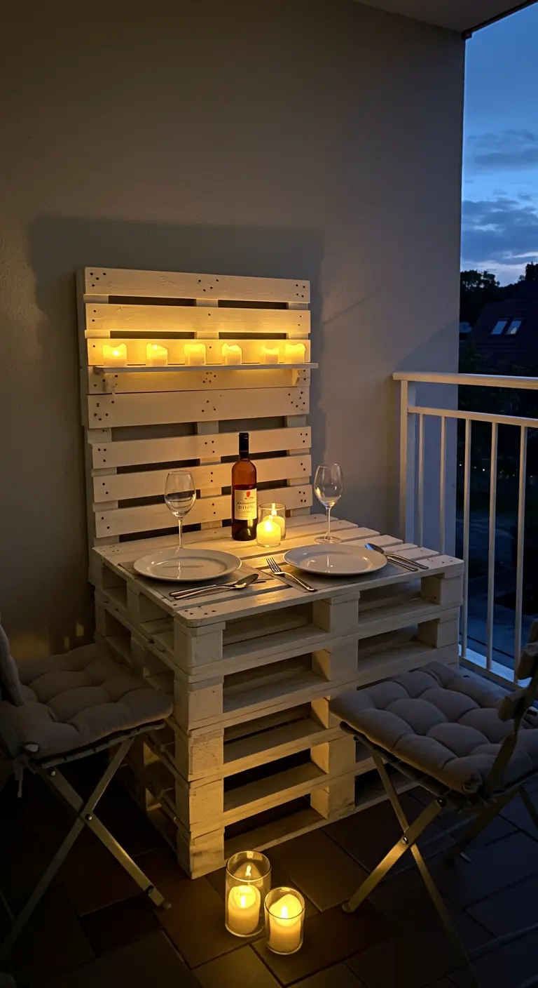 Intieme eethoek voor twee op een balkon, gemaakt van witgeschilderde pallets met kaarslicht.