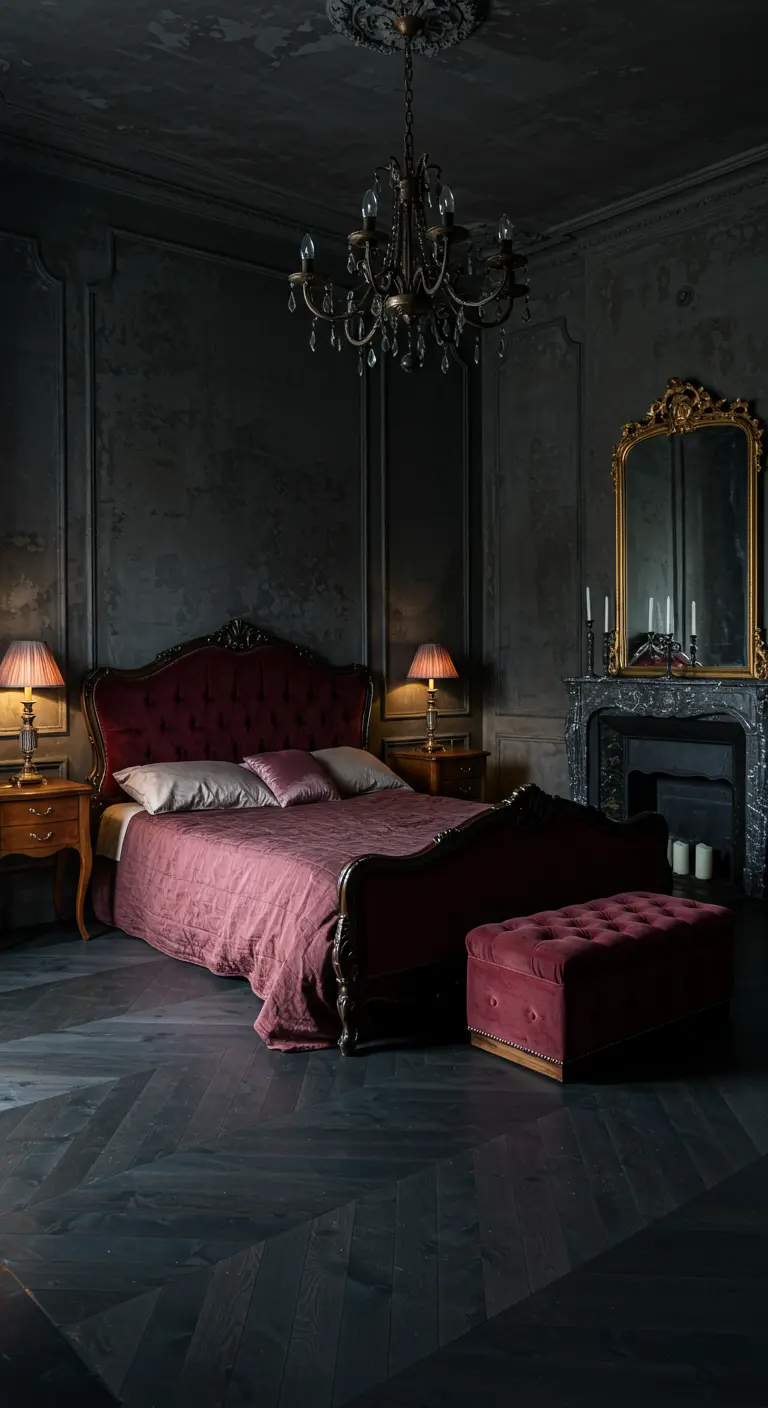 Romantische slaapkamer in donkerrood met antiek meubilair, haard en gouden spiegel.