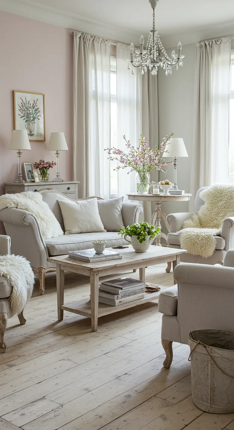 Romantische woonkamer met roze muur, lichte meubels, kroonluchter en schapenvachten
