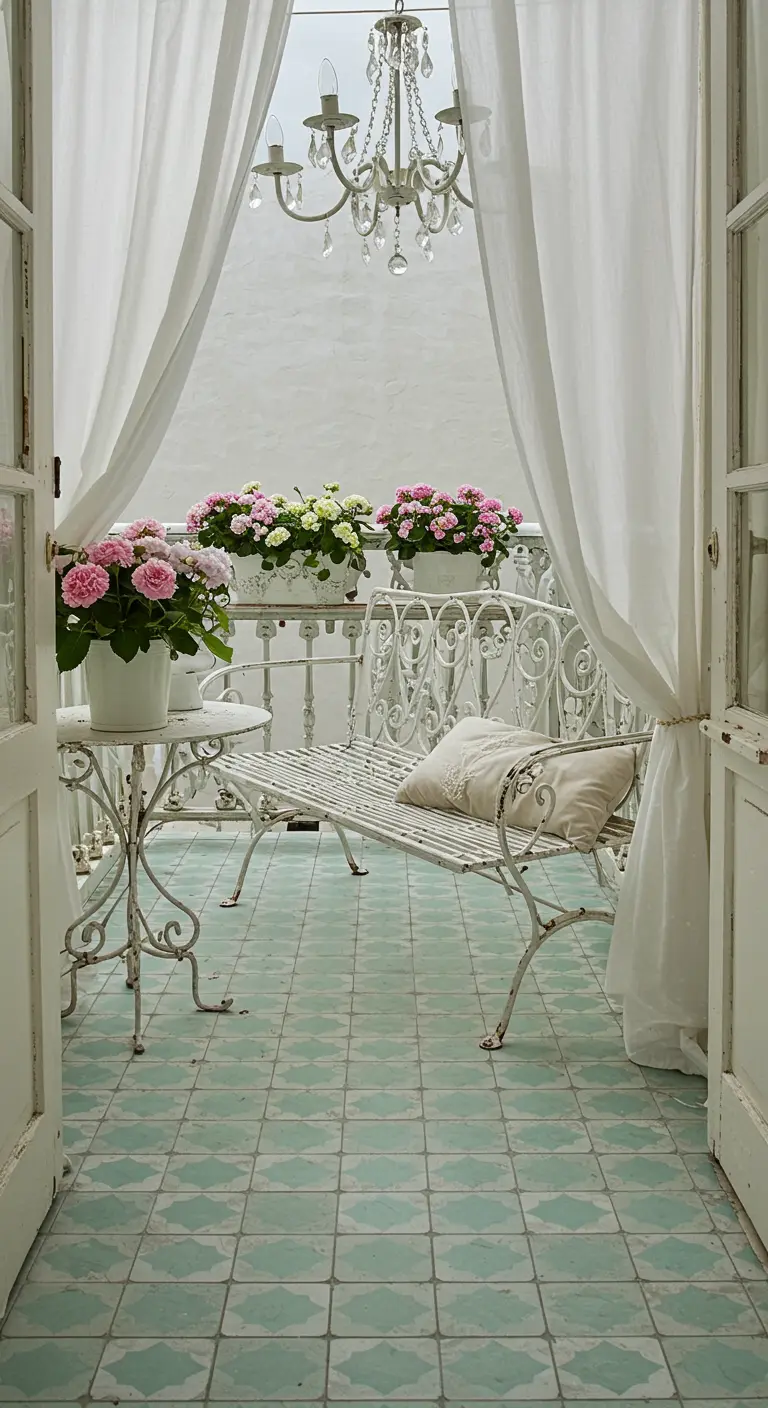 Romantisch balkon met mintgroene tegels, wit smeedijzeren meubilair en roze bloemen.