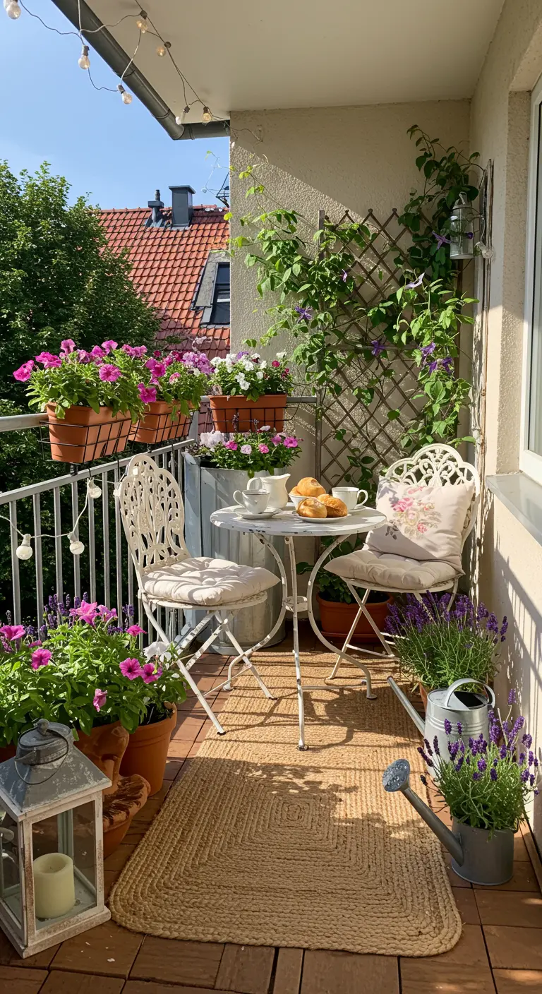 Balkon in cottage stijl met witte bistroset, terracotta bloempotten, lavendel en sfeerlicht.