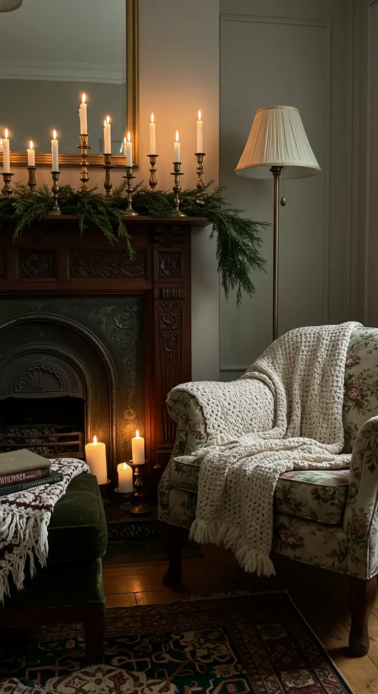 Romantische zithoek met vintage fauteuil, open haard, gebreide deken en kaarsen.