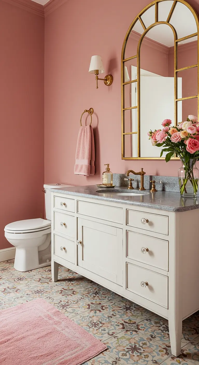 Roze badkamer met een klassiek wit meubel en een grote boogspiegel.