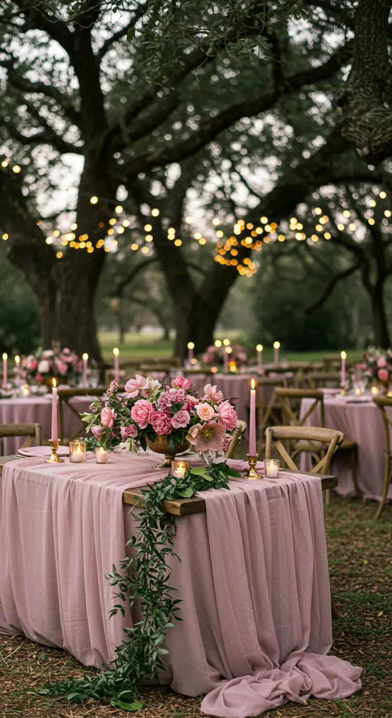 Ronde tafels met blushroze tafelkleden, roze bloemen en kaarsen onder bomen met sfeerlichtjes.