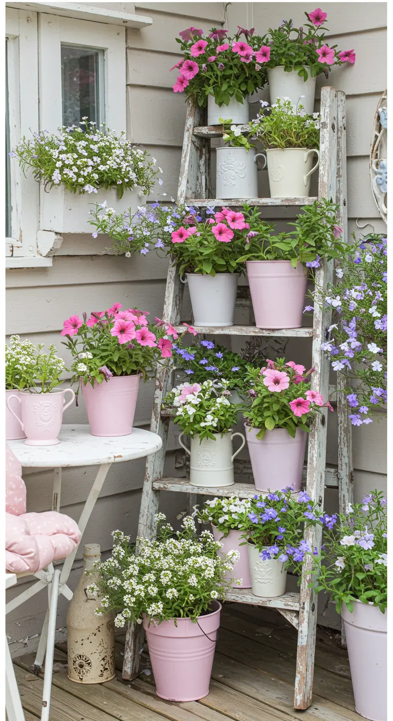 Witgekalkte ladder vol met roze, witte en paarse bloemen in pastelkleurige potten en emmers.