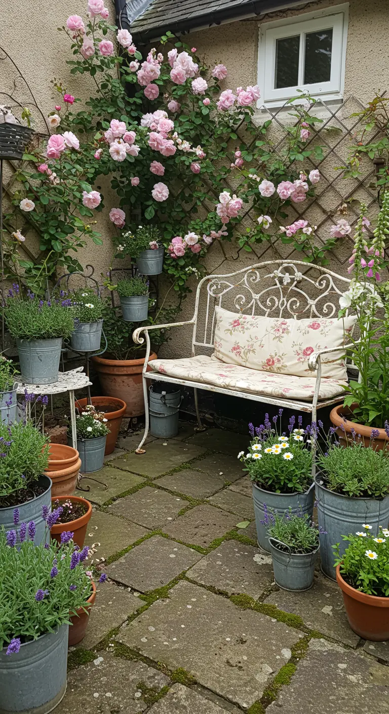 Romantisch terras in cottage-stijl met een wit metalen bankje, klimrozen en potten met lavendel.