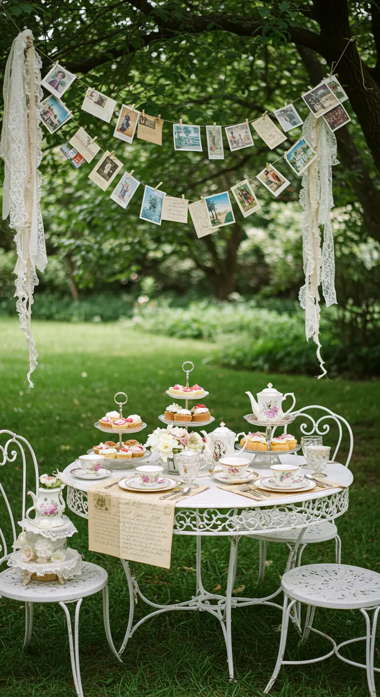 High tea-opstelling in een tuin, met een slinger van ansichtkaarten en kant die boven de tafel hangt.