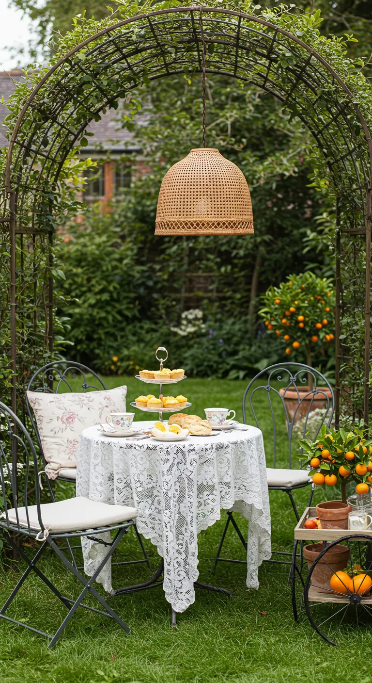 Tuintafeltje voor twee met kanten kleed onder een begroeide boog, met een rotan lamp erboven.