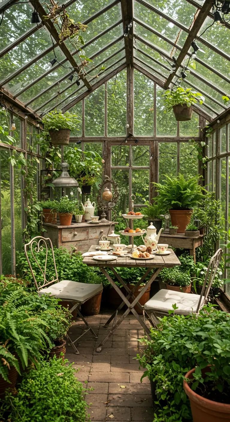 Rustieke kas vol planten, varens, antieke meubels en een theeservies op tafel.