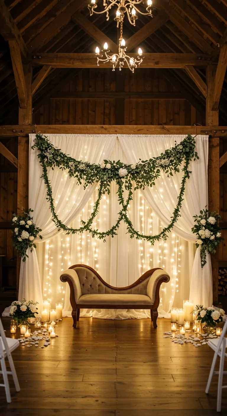 Witte doeken met lichtjes en een bankje in een rustieke schuur.