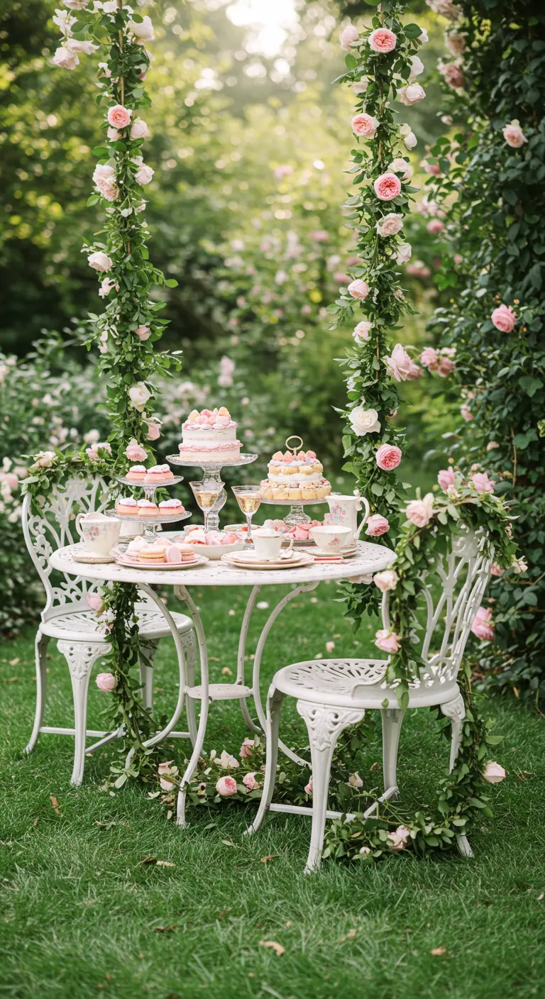 Romantische high tea setting in een tuin met witte stoelen en roze rozen die omhoog klimmen.