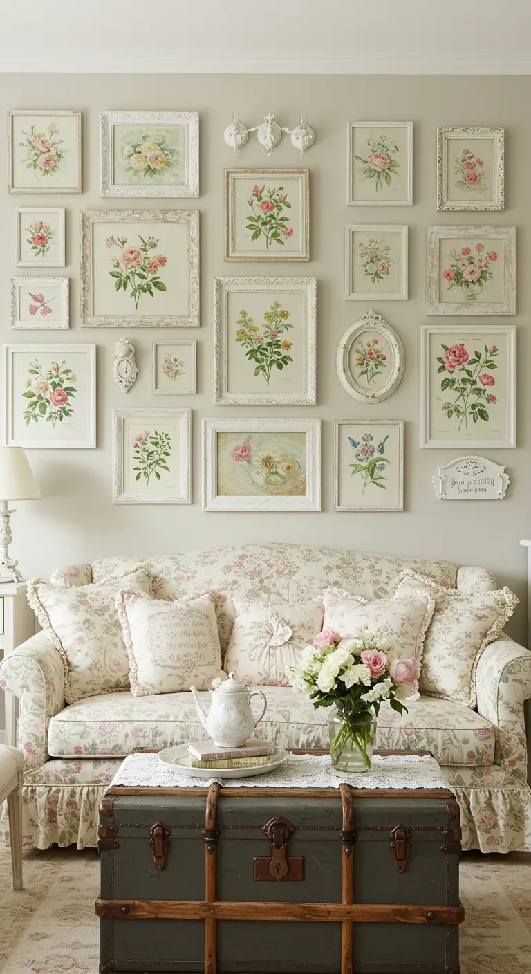 Galerijmuur in cottage-stijl met rozenprints in diverse witte, sierlijke lijsten.
