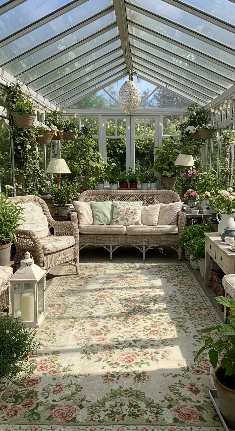 Romantische serre met licht bloemen tapijt, rieten meubels en veel planten.