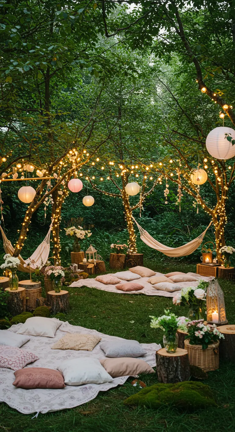 Sprookjesachtige tuinbioscoop met hangmatten, lichtjes, lampionnen en zachte kussens.