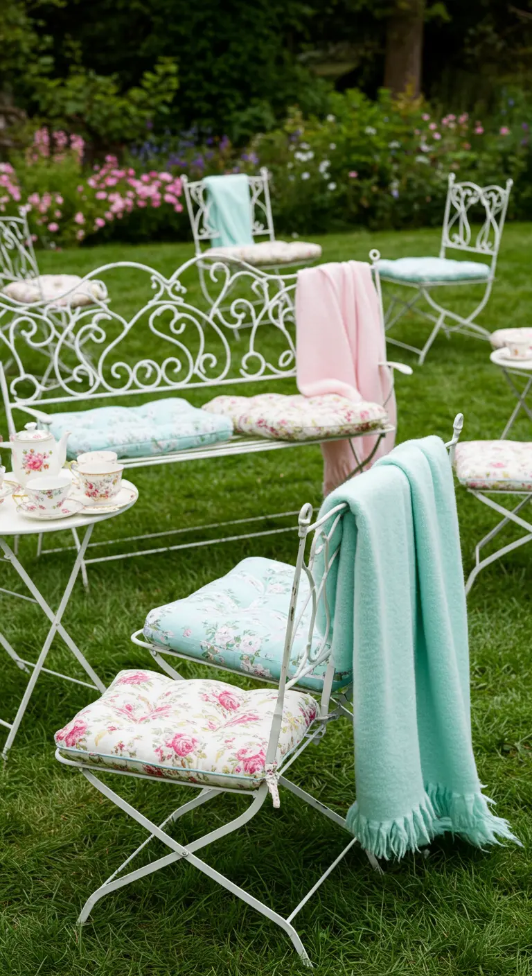 Witte tuinmeubels met kussens met bloemenprint en pastel plaids.