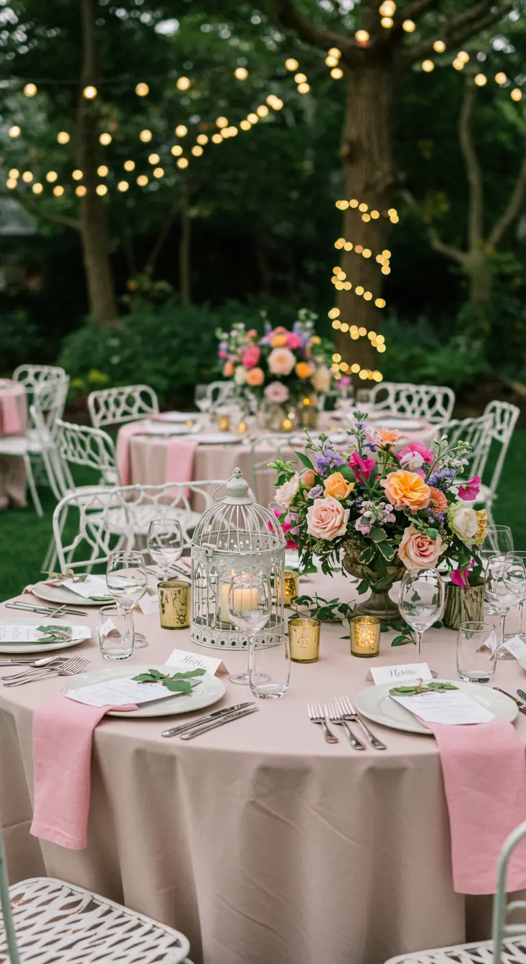 Romantic garden wedding with pink tables, white chairs, colorful flowers, and string lights.