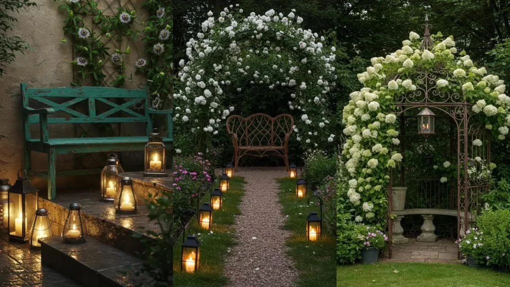 Drie romantische tuinsettings met vintage meubels, lantaarns en diverse klimplanten.
