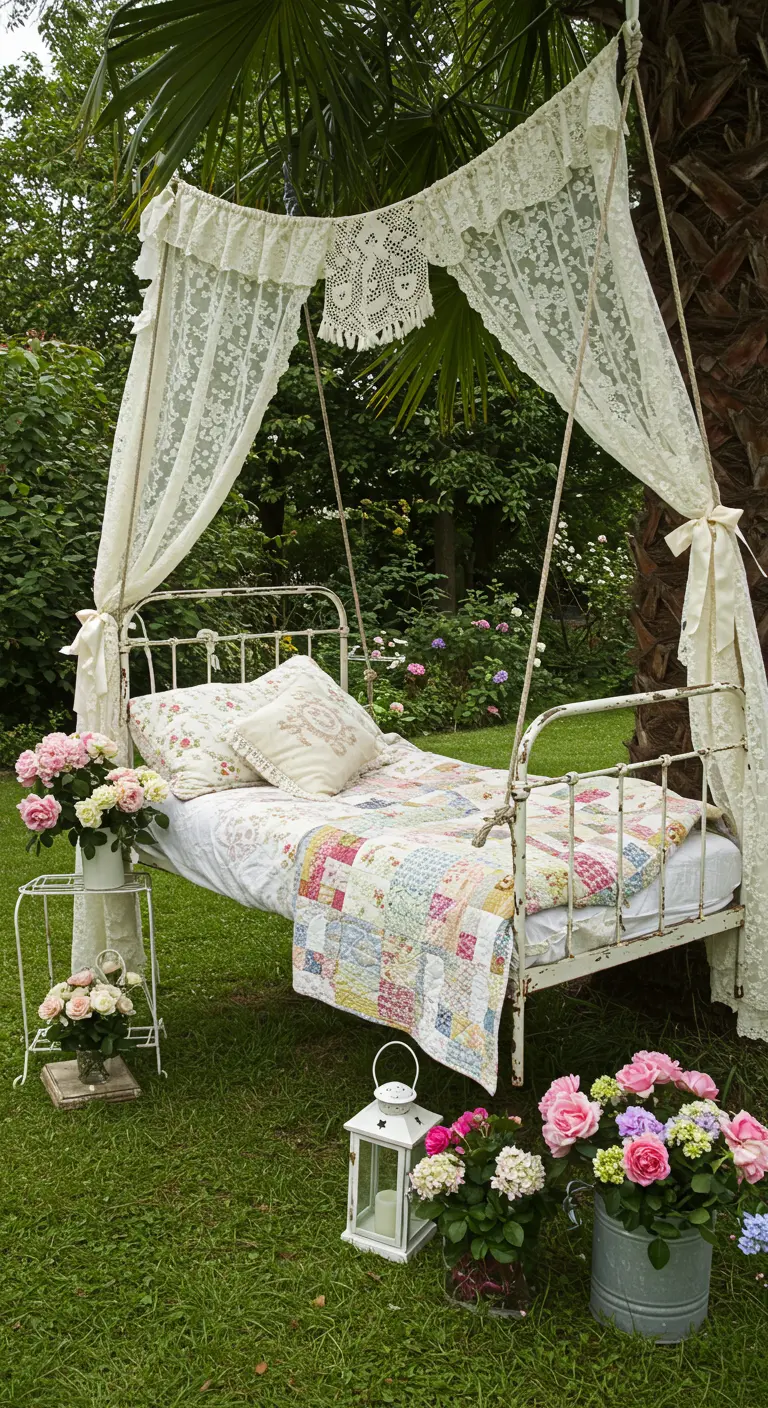Zwevend vintage ijzeren bed met kanten gordijnen, bloemen en een patchwork sprei in een groene tuin.
