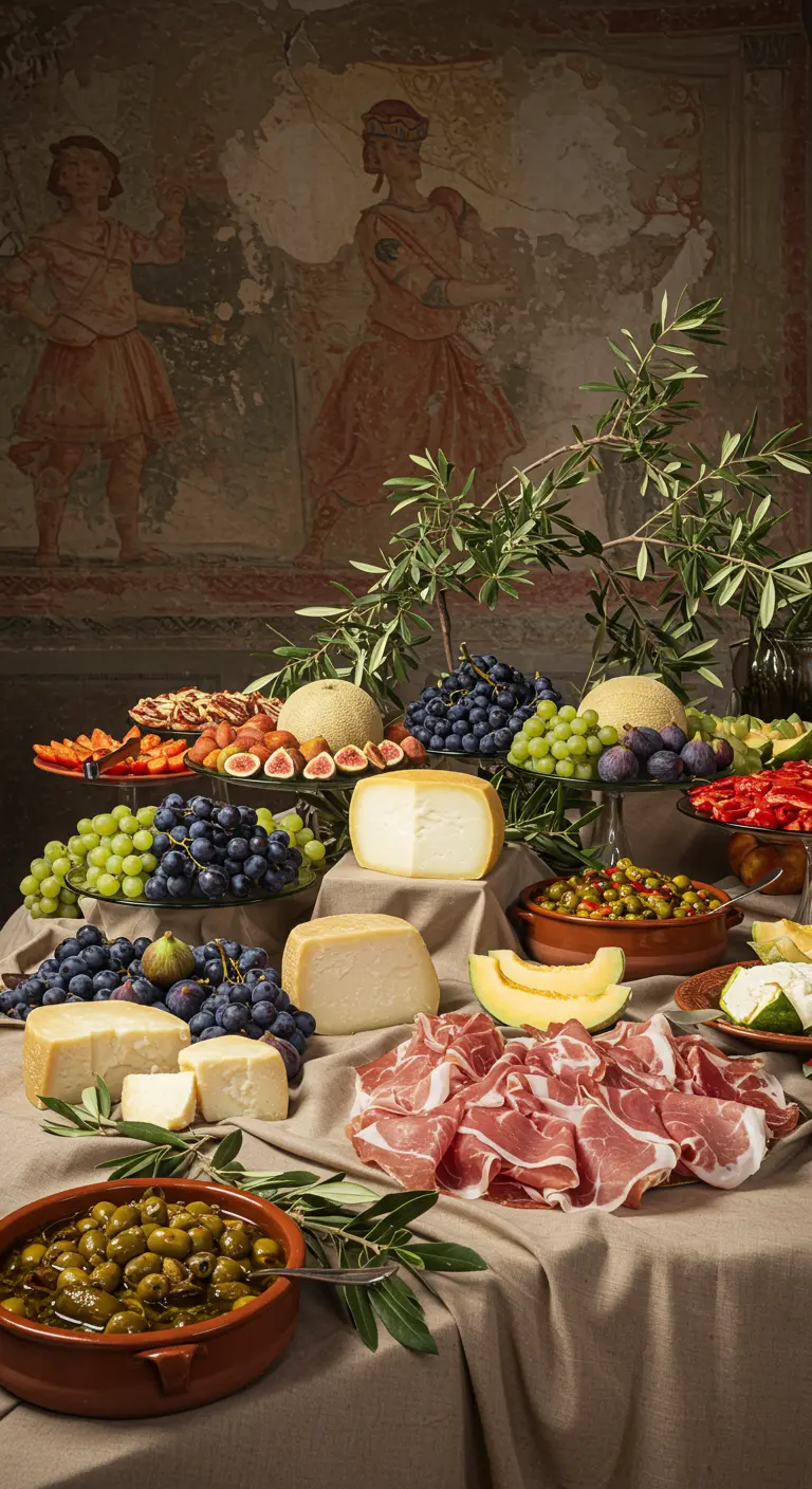 Mediterraan buffet met fruit, kaas en ham voor een muur met fresco's.