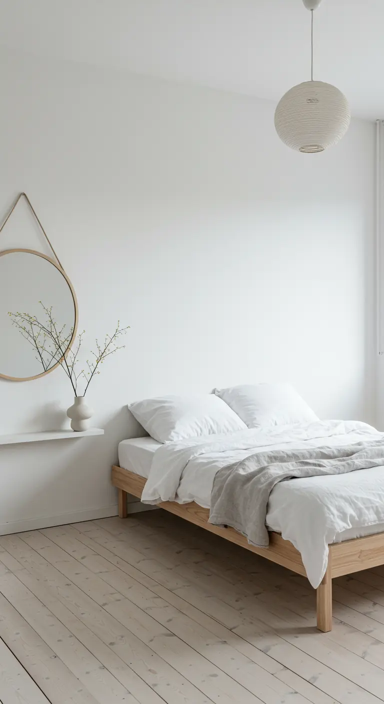 Minimalistische slaapkamer met houten bed, witte muren, ronde spiegel en zweefplank.