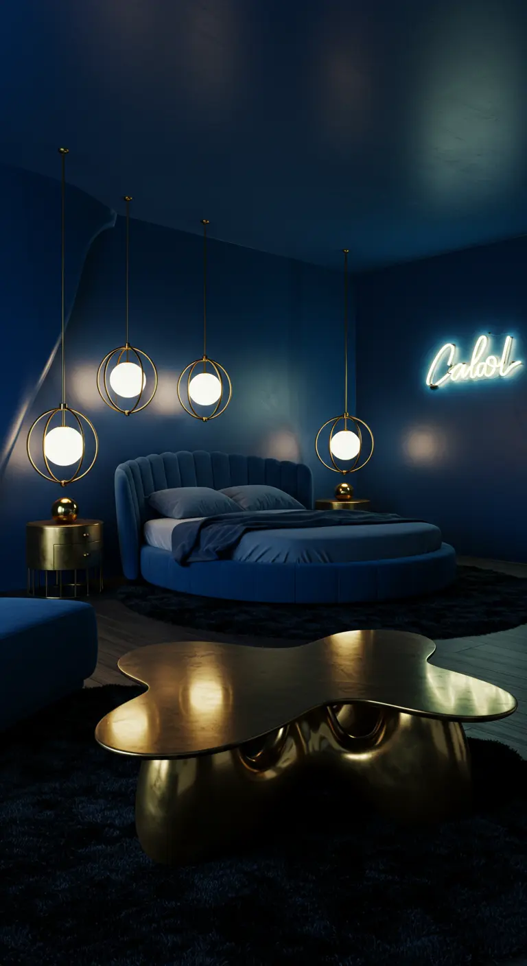 Futuristische slaapkamer met een rond blauw bed, hangende bollampen en een gouden organische tafel.