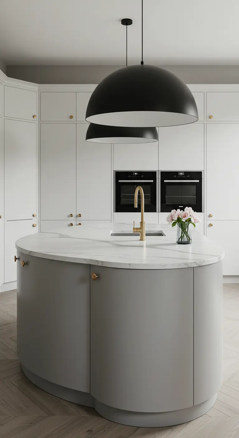 Witte keuken met een afgerond grijs kookeiland en grote zwarte, ronde hanglampen.