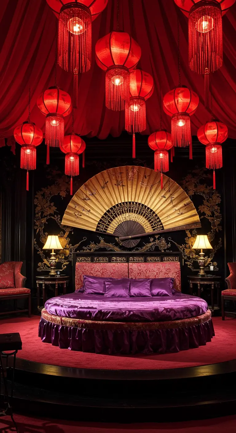 Extravagante rode slaapkamer met een rond bed, lampionnen en een grote gouden waaier.