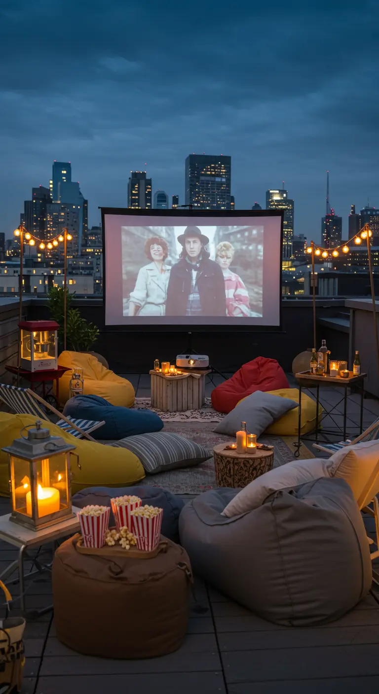 Filmavond op een dakterras met zitzakken, popcorn en sfeerverlichting.