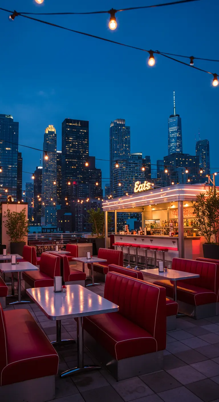 Dakterras-diner met rode banken en uitzicht op een verlichte skyline.