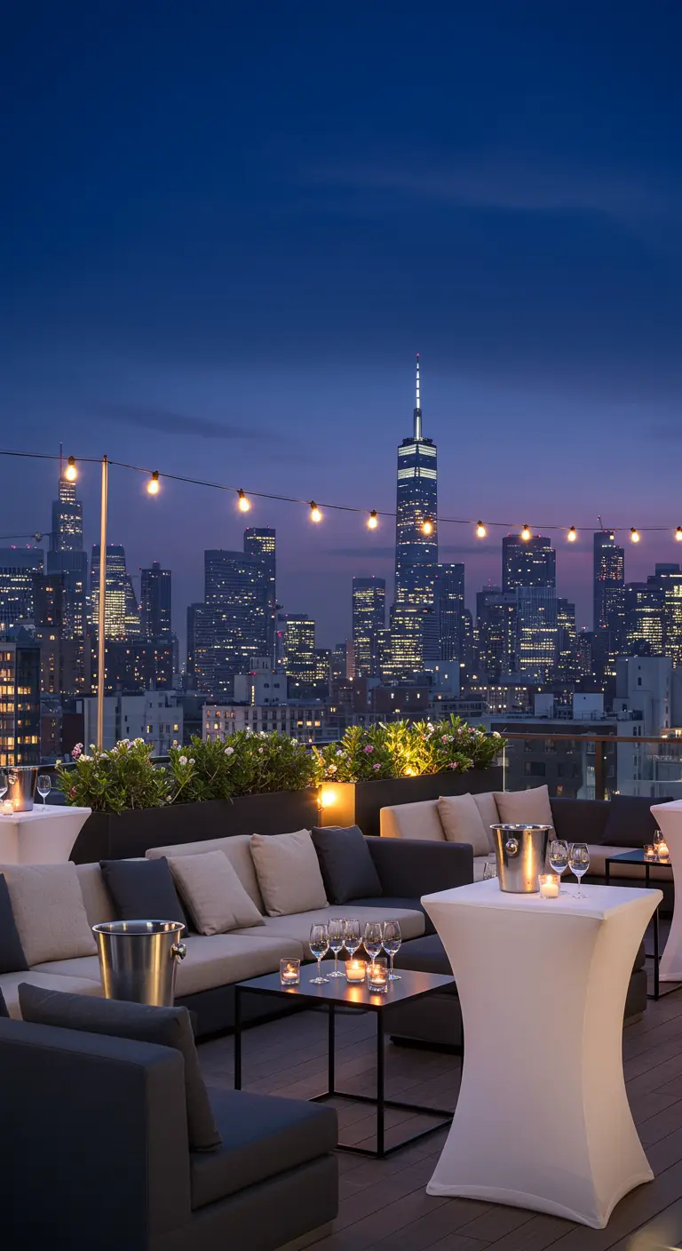 Rooftop lounge bij schemering met uitzicht op de skyline, loungebanken en statafels met verlichting.