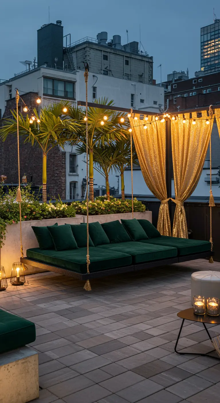 Zwevende fluwelen daybeds met gouden gordijnen en sfeerverlichting op een dakterras met palmen.