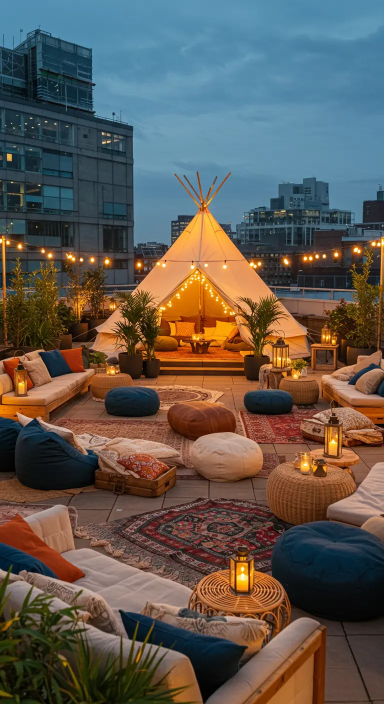 Dakterras met glamping tipi-tent, loungekussens, potplanten en lichtslingers.