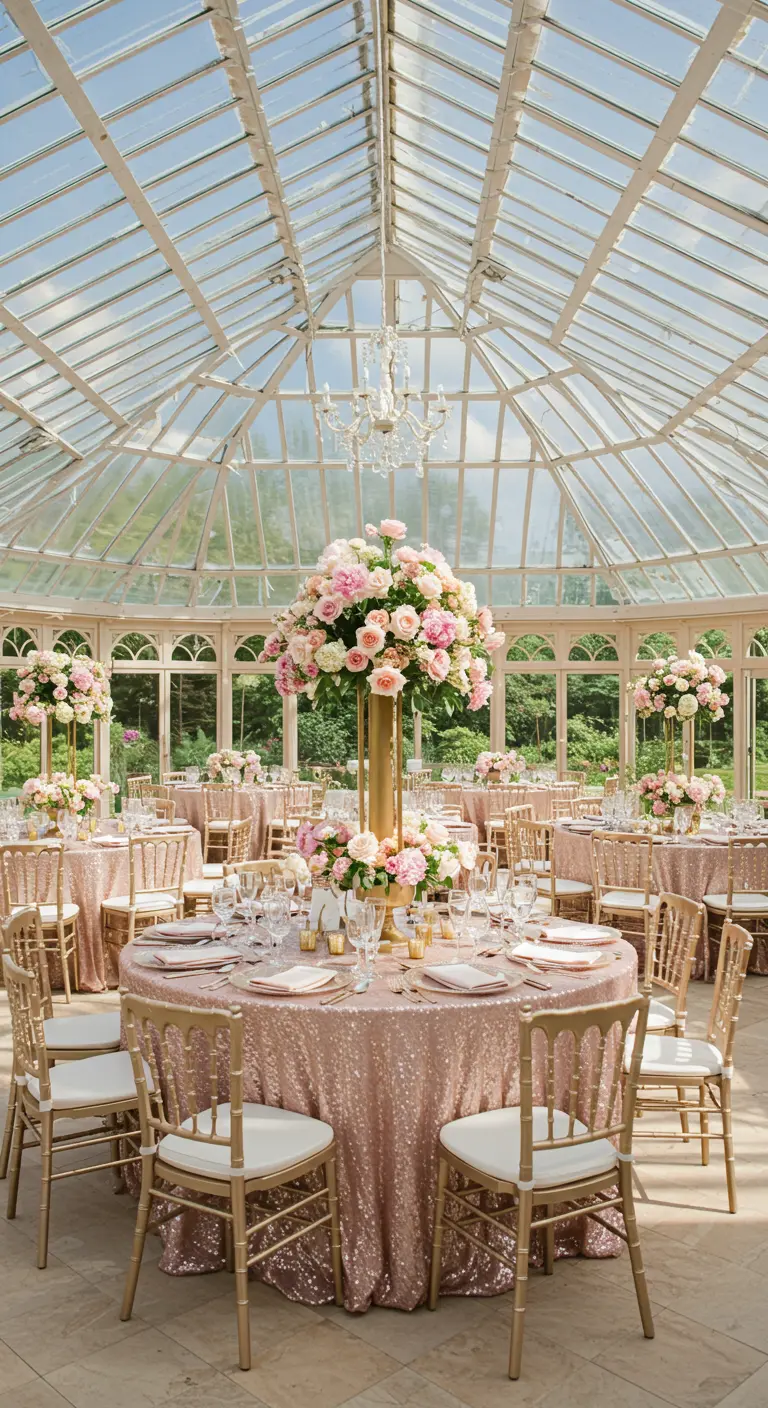 Trouwreceptie in een glazen oranjerie met roségouden paillettentafelkleden en hoge roze bloemstukken.