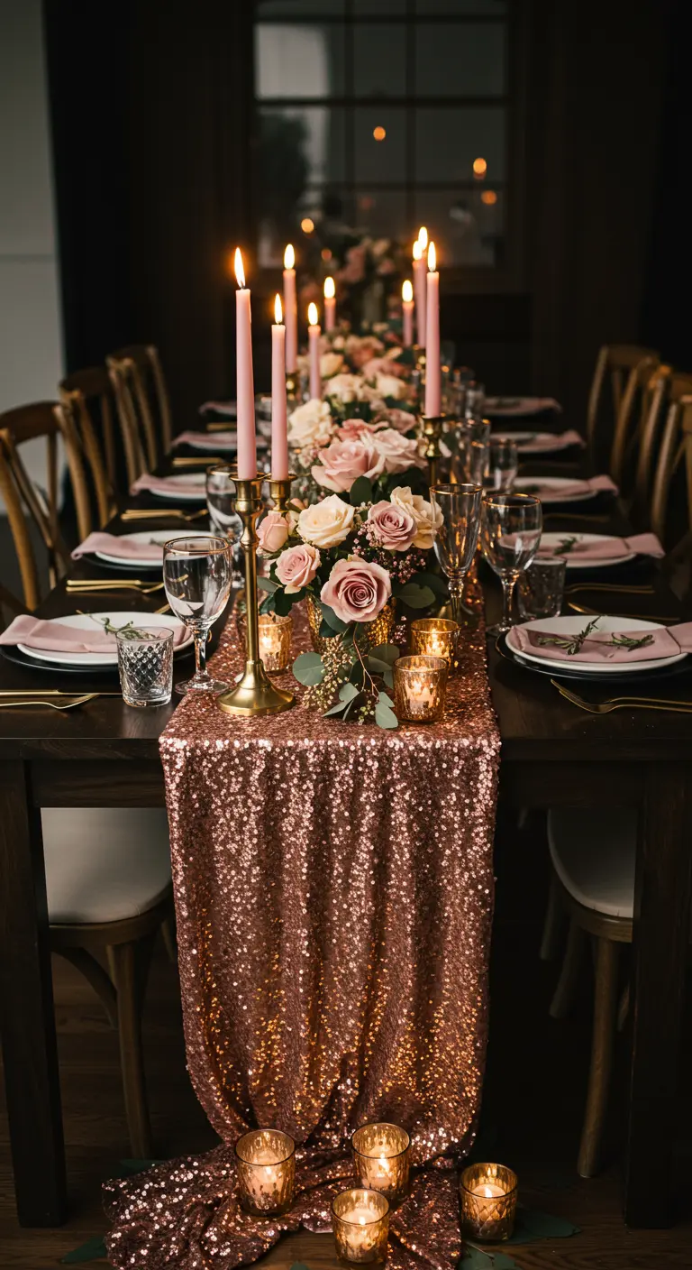 Eettafel met roségouden paillettenloper, roze kaarsen en bloemen.