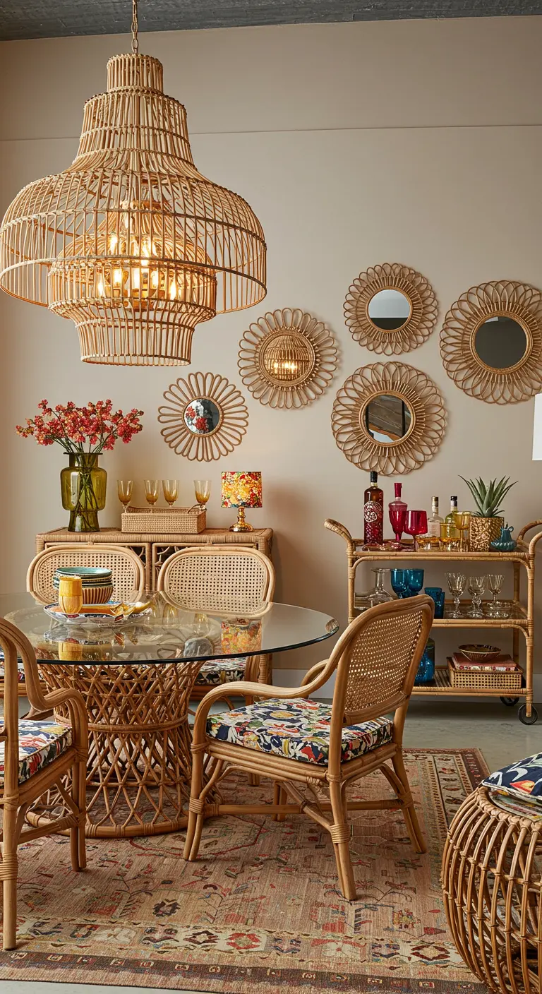 Eetkamer met rotan stoelen, een glazen tafel, rotan spiegels en een grote rotan lamp.