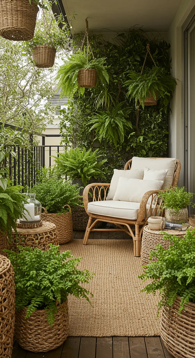 Knus balkon met een rotan fauteuil, juten kleed en veel varens in rieten manden.