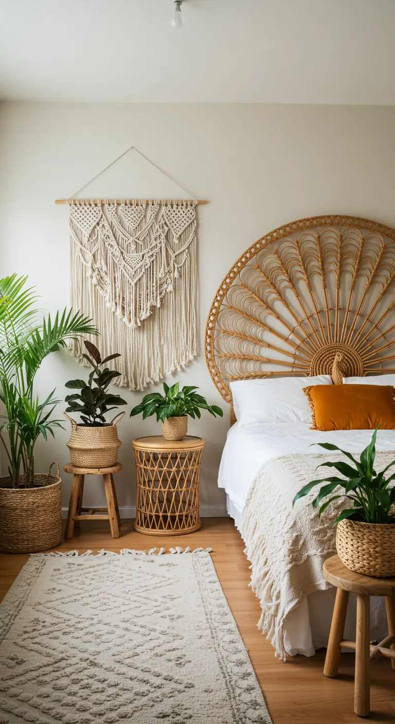 Lichte slaapkamer met rotan hoofdeinde, macramé wandkleed en veel planten.