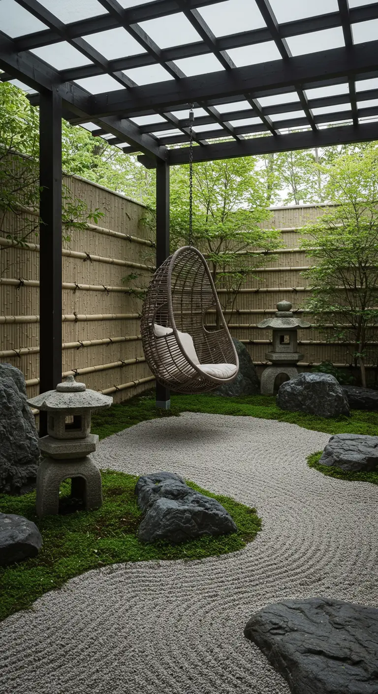 Zen tuin met geharkt grind, rotsen, bamboeafscheiding en hangstoel onder pergola.